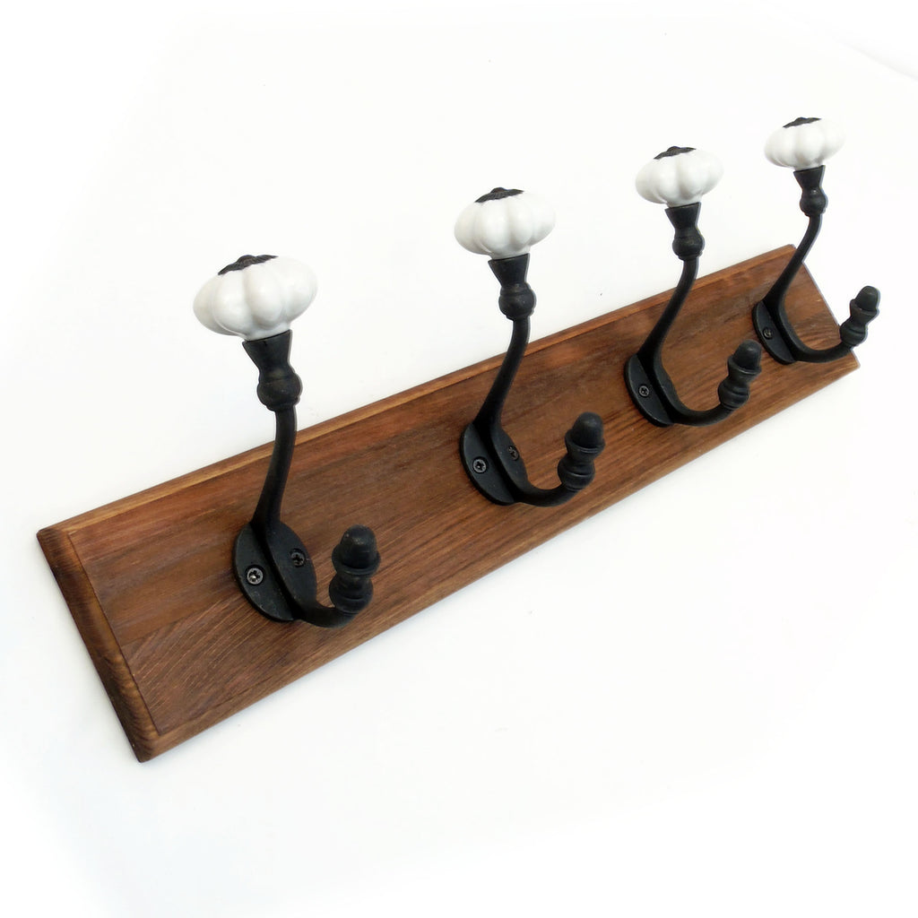 Vintage Style Coat Rack Dark Brown with 4 Cast Iron Ceramic Tip Hooks