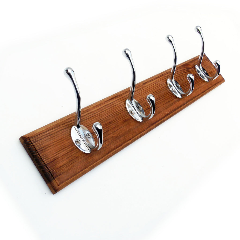 Vintage Style Coat Rack Dark Brown with 4 Chrome Cast Iron Hooks