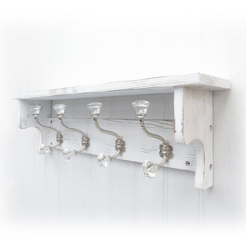 Vintage Distressed White Coat Rack with Shelf & 4 Clear Glass Hooks