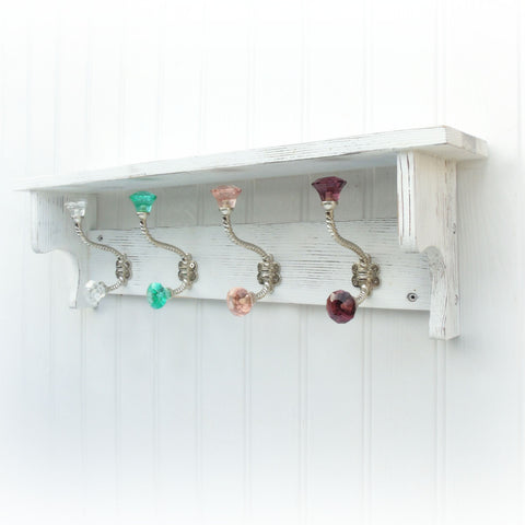 Vintage Distressed White Coat Rack Shelf & Multi Colour Glass Hooks