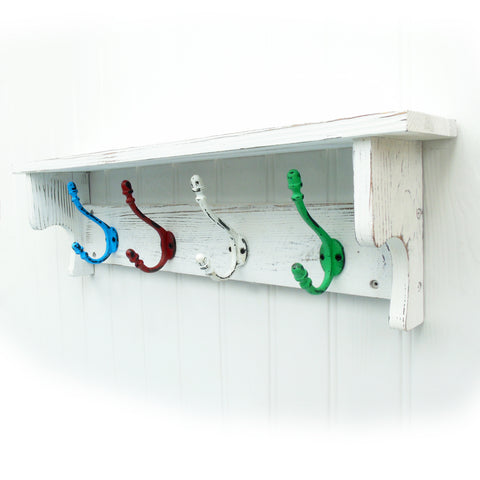 Vintage Distressed White Coat Rack with Shelf & Multi Colour Cast Iron Hooks