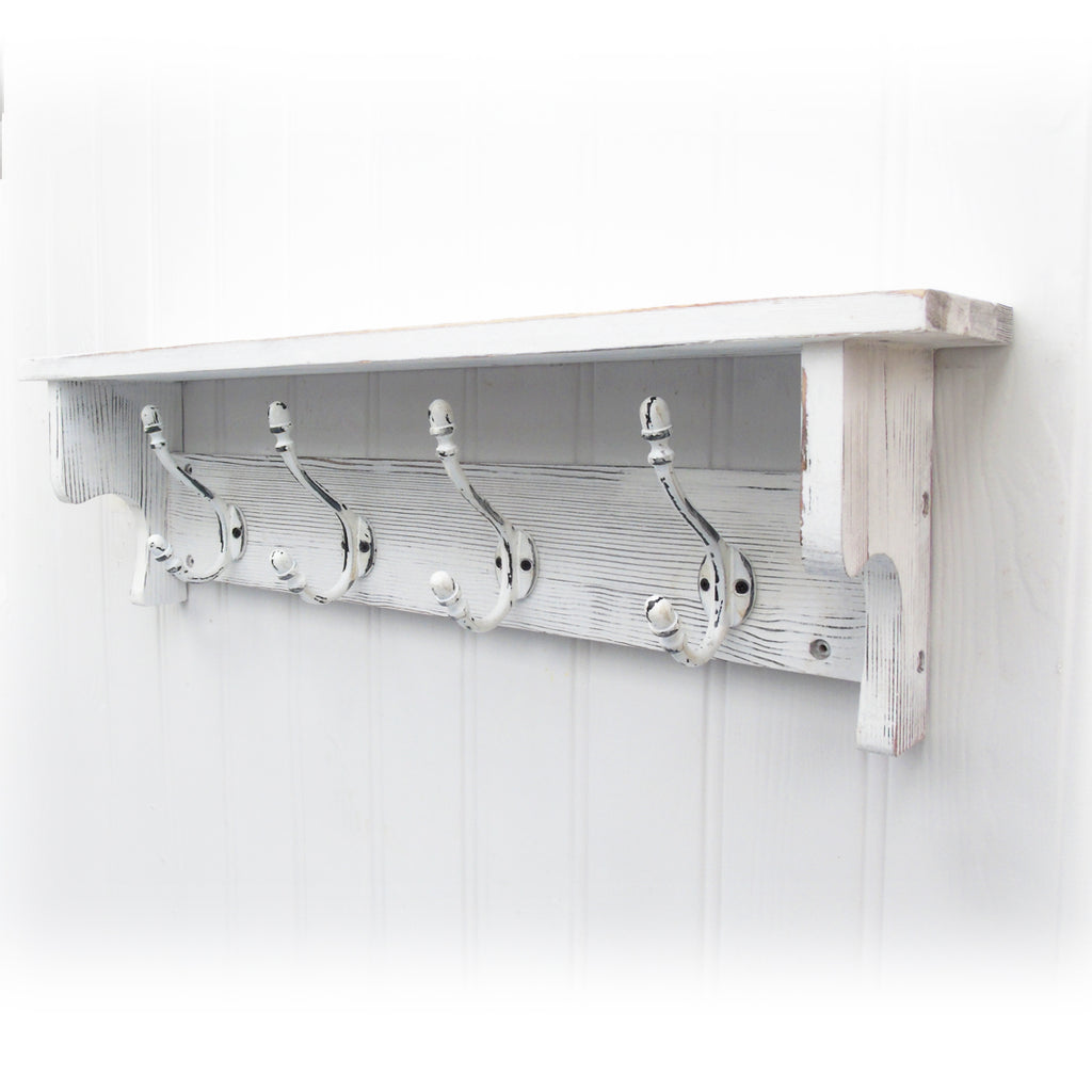 Vintage Distressed White Coat Rack with Shelf & White Cast Iron Hooks