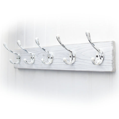 A Shabby Chic Distressed White Wooden Coat Rack with 5 Cast Iron Hooks