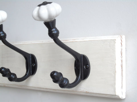 A Vintage White Painted Wooden Wall Door Storage Coat Rack  - Cast Iron Hook with Ceramic Hooks