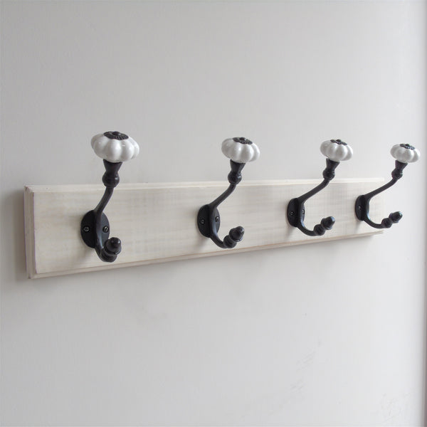 A Vintage White Painted Wooden Wall Door Storage Coat Rack  - Cast Iron Hook with Ceramic Hooks