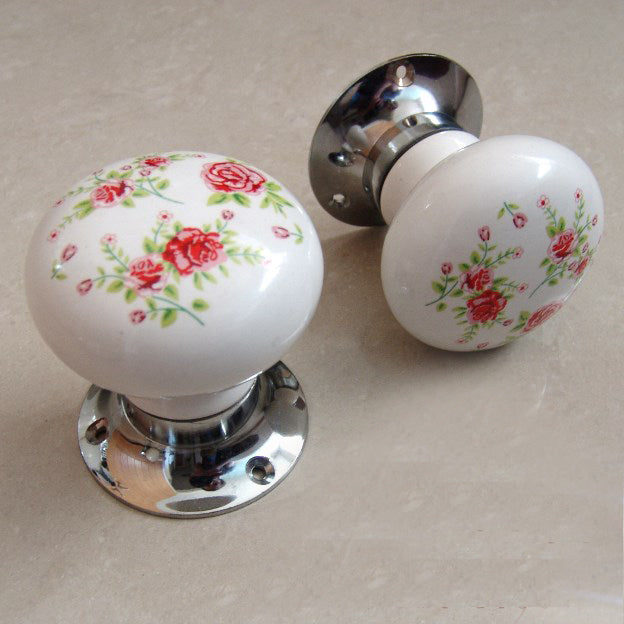 Period Vintage Style Floral Print White Ceramic Round Door Knobs Handles - Pair
