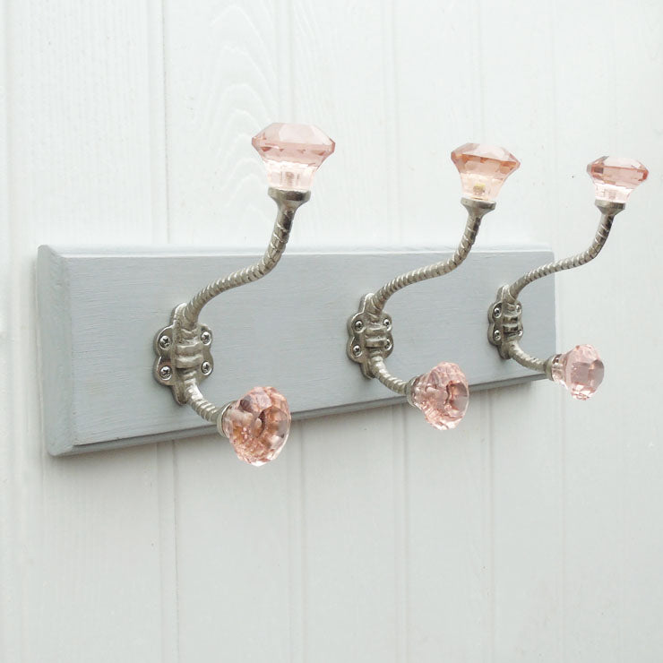 Grey Vintage Style Coat Rack with 4 Pink Glass Wall Hooks
