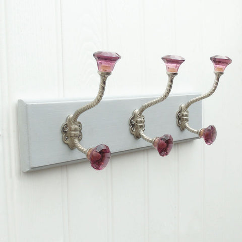 Grey Vintage Style Coat Rack with 4 Purple Glass Wall Hooks
