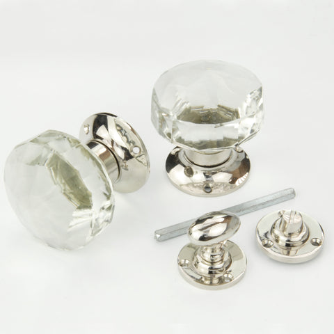 Clear Glass Round Door Knobs Handles & Bathroom Thumb Turn Release Polished Nickel