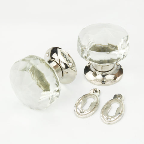 Clear Glass Round Door Knobs Handles & Oval Escutcheons Polished Nickel