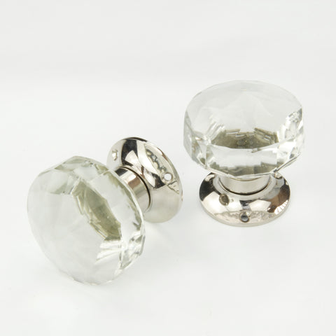 Clear Glass Round Door Knobs Mortice Handles - Polished Nickel