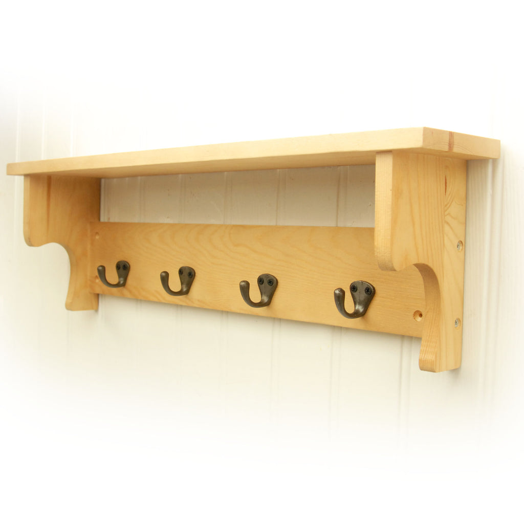 Rustic Farmhouse Vintage Wooden Wall Coat Rack With Shelf Metal Cast Iron Hooks