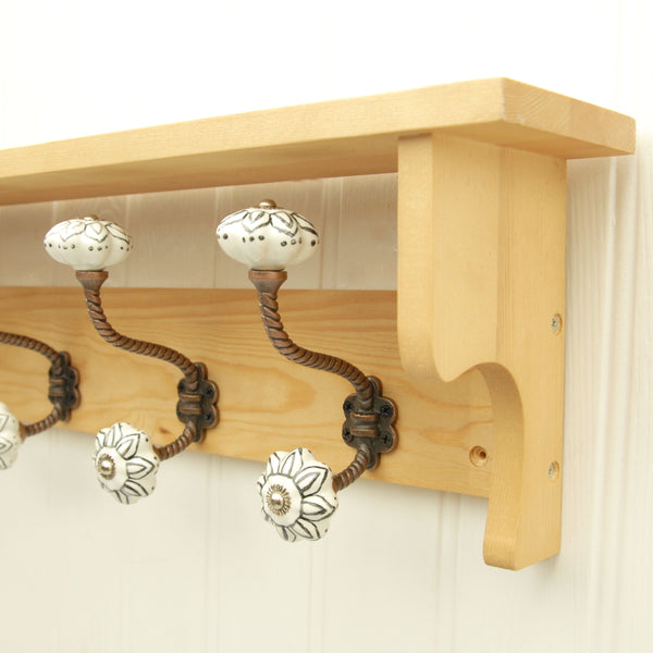 Jones and Grey Rustic Farmhouse Wooden Coat Rack with Shelf & Painted Hooks