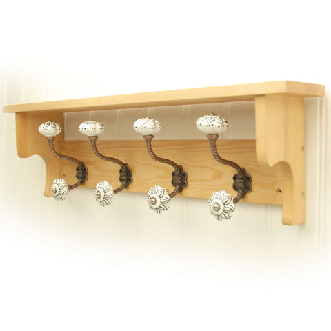 Jones and Grey Rustic Farmhouse Wooden Coat Rack with Shelf & Painted Hooks