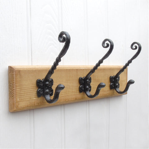 Vintage Antique Coat Rack Rustic Light Oak Wooden Wall Mounted Cast Iron Hooks