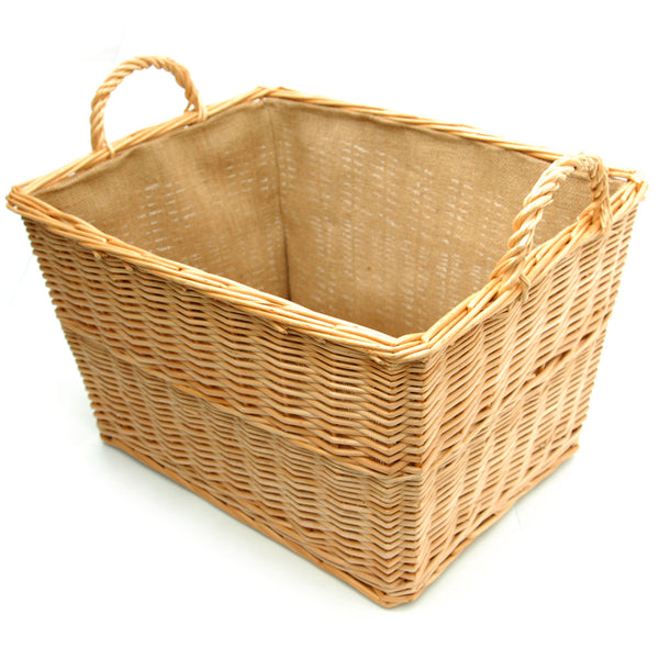 Large Natural Willow Tapered Basket with Carry Handles Hessian Lined