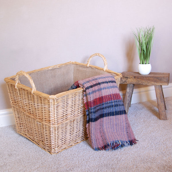 Large Natural Willow Tapered Basket with Carry Handles Hessian Lined