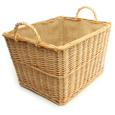 Large Natural Willow Tapered Basket with Carry Handles Hessian Lined