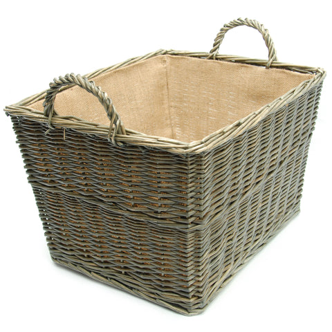 Large Grey Willow Tapered Basket with Carry Handles Hessian Lined