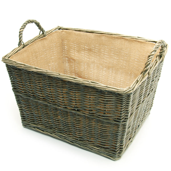 Large Grey Willow Tapered Basket with Carry Handles Hessian Lined
