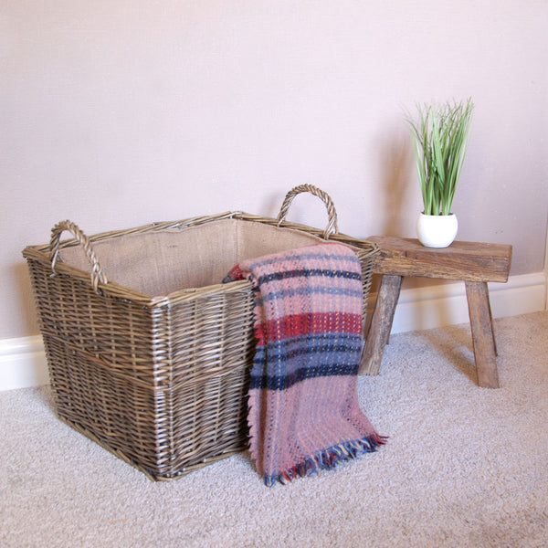 Large Grey Willow Tapered Basket with Carry Handles Hessian Lined