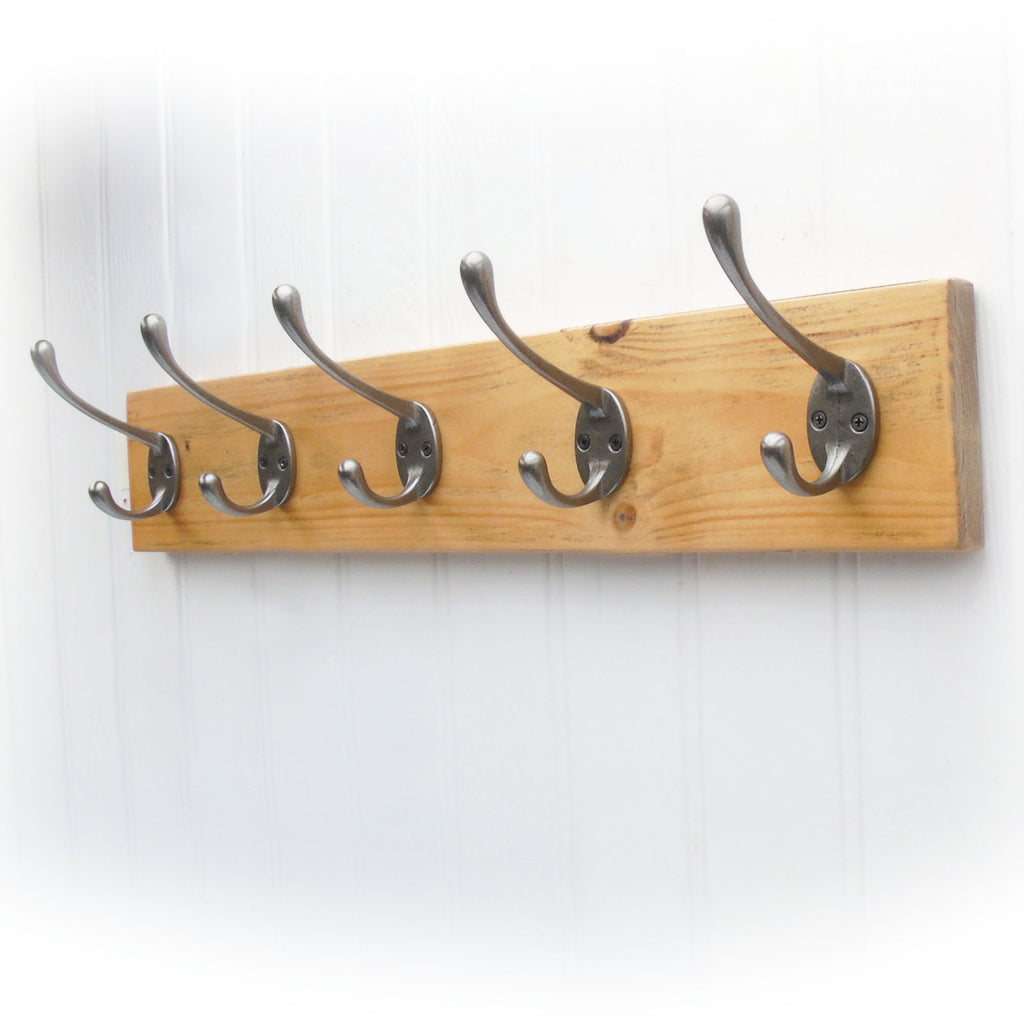 A Vintage Style Light Oak Stain Wooden Coat Rack 5 Cast Iron Hooks