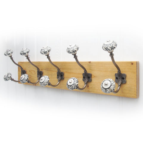 A Vintage Style Light Oak Colour Wooden Coat Rack 5 Painted Antique Brass Hooks