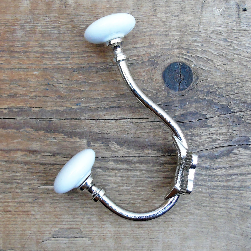 Nickel Chrome Vintage Metal Double Hook with Round White Knobs