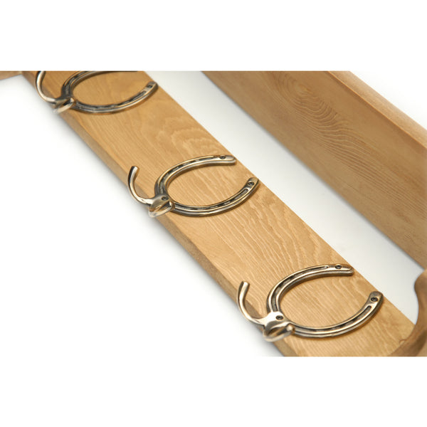 Medium Oak Coat Rack with Shelf & Antique Brass Horseshoe Hooks