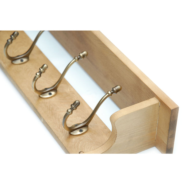 Medium Oak Coat Rack Shelf with 4 Antique Brass Hooks