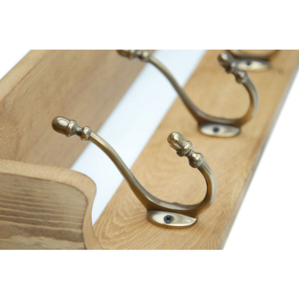 Medium Oak Coat Rack Shelf with 4 Antique Brass Hooks