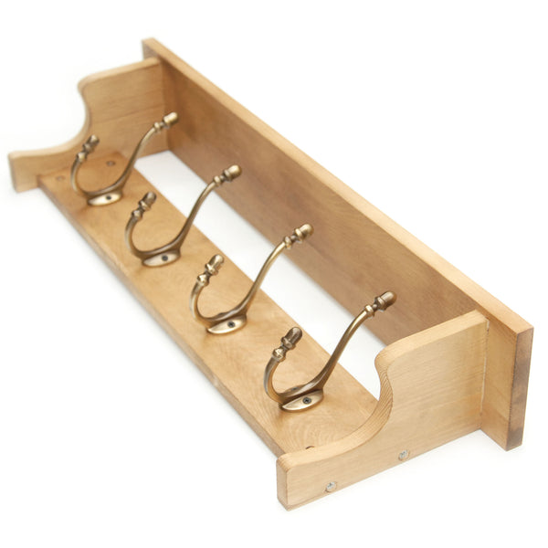 Medium Oak Coat Rack Shelf with 4 Antique Brass Hooks