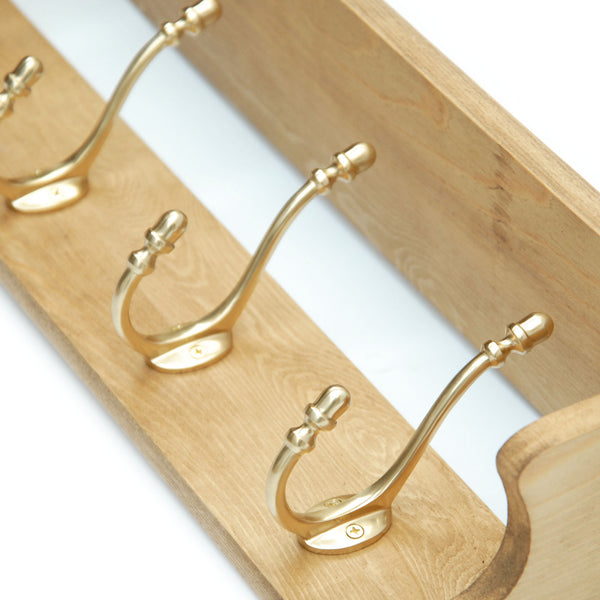 Medium Oak Coat Rack with Shelf & Polished Solid Brass Hooks