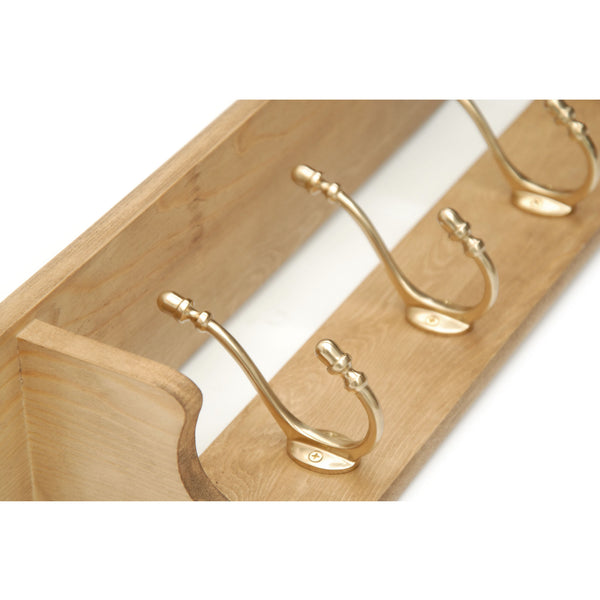 Medium Oak Coat Rack with Shelf & Polished Solid Brass Hooks