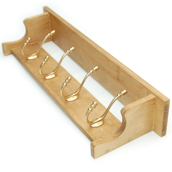 Medium Oak Coat Rack with Shelf & Polished Solid Brass Hooks