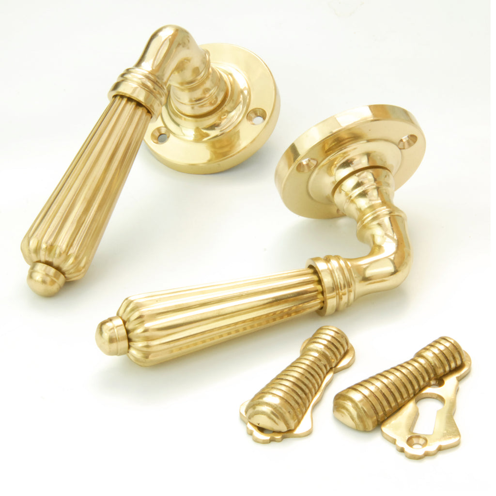 Vintage Regency Reeded Lever Door Handles & Escutcheons Polished Brass