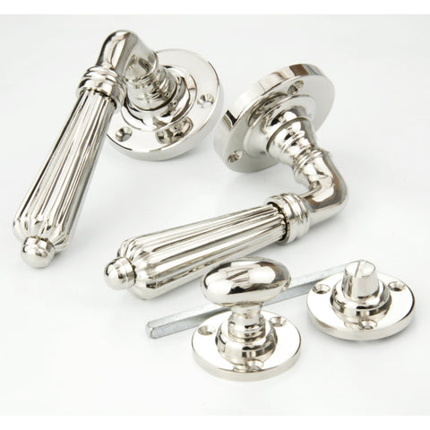 Regency Reeded Lever Door Handles & Bathroom Thumb Turn Polished Nickel