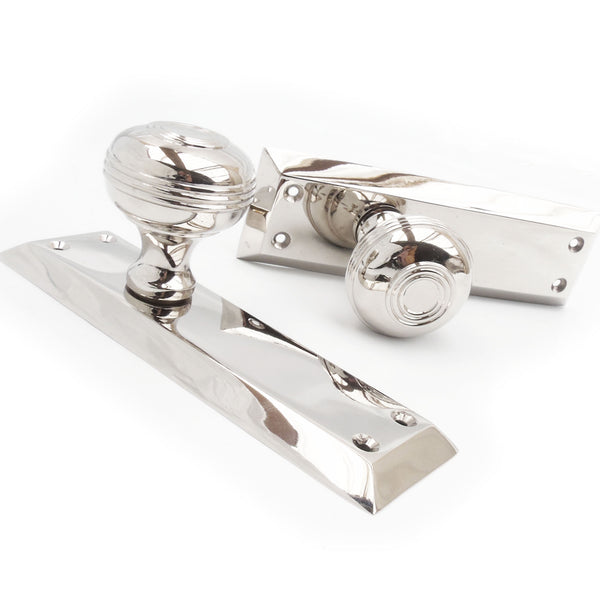 Bellport Solid Brass Round Knob Door Handles on Long Backplate