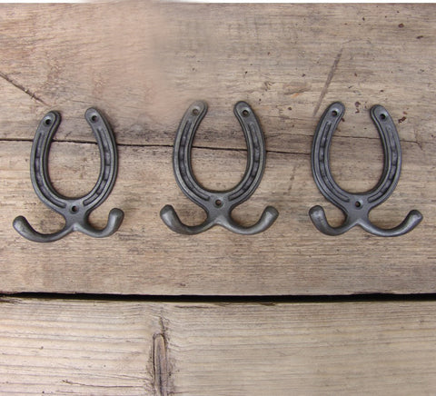 Horseshoe Cast Iron Double Wall Hooks  - Set of 3