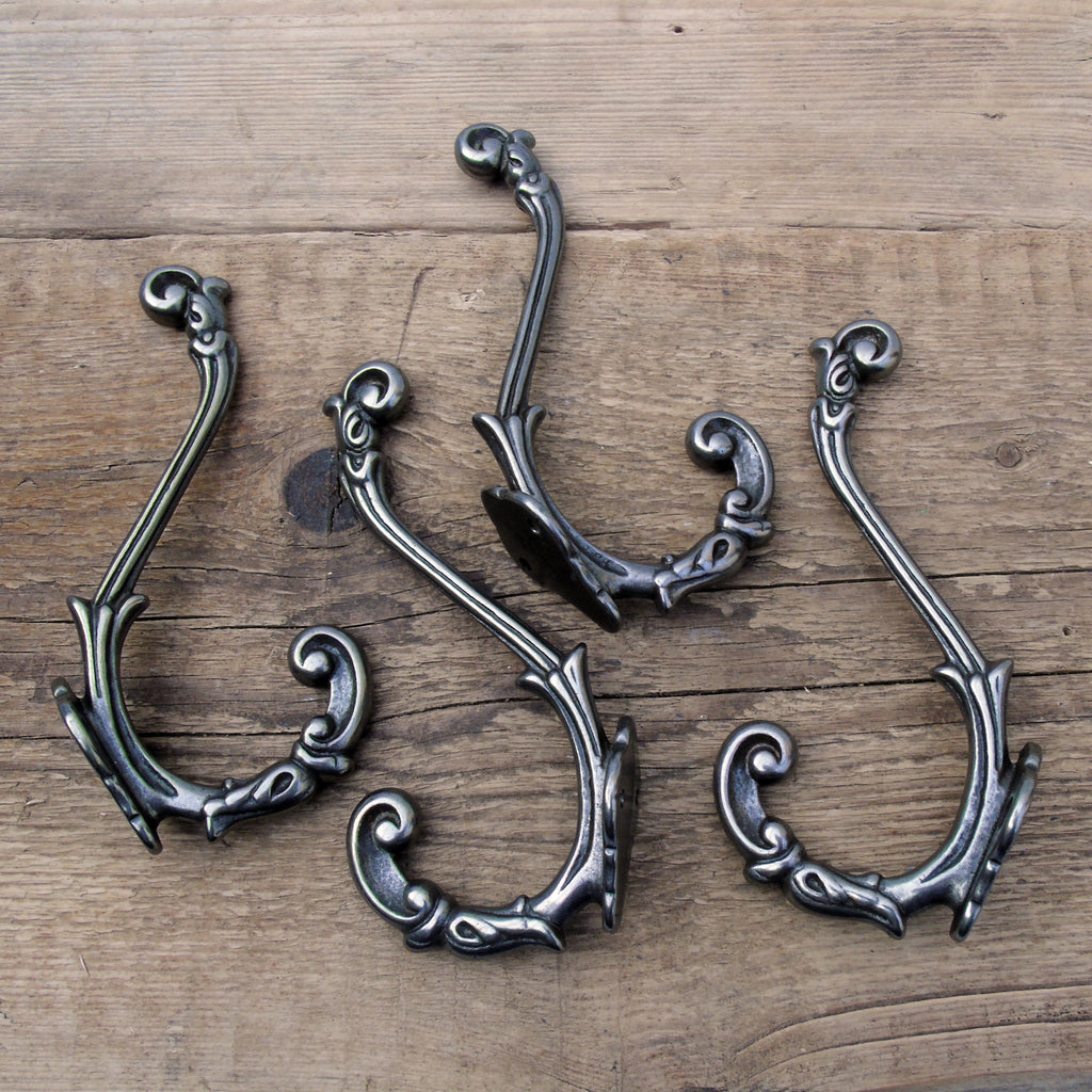 Set of 4 Ornate Vintage Style Cast Iron Double Wall Hooks