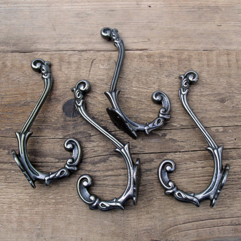 Set of 4 Ornate Vintage Style Cast Iron Double Wall Hooks