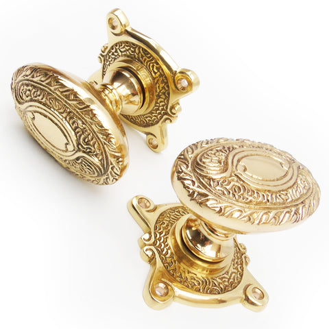 Vintage Period Style Ornate Oval Solid Brass Door Knobs Handles Pair
