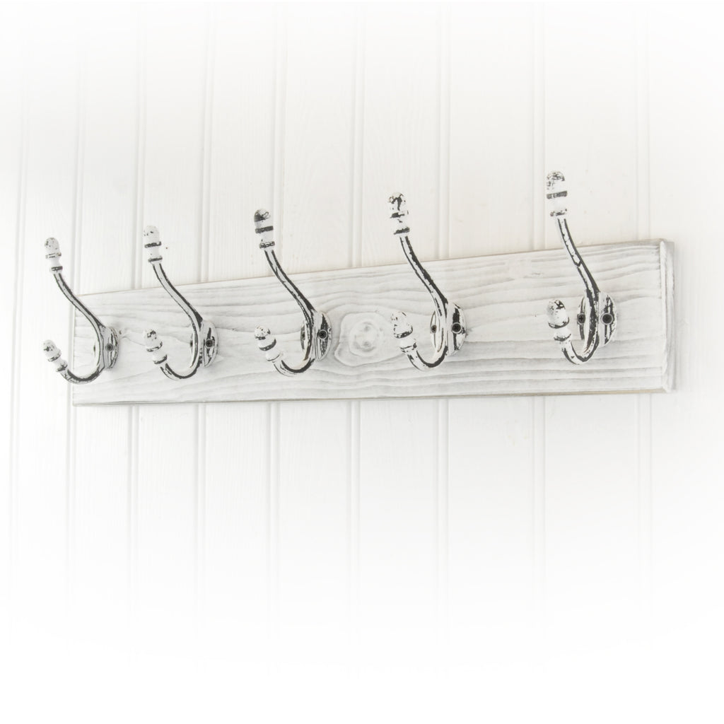 Distressed Coat Racks A Distressed White Wooden Coat Rack with 5 Cast Iron Hooks – JonesandGrey