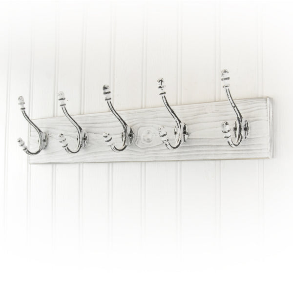 A Distressed White Wooden Coat Rack with 5 Cast Iron Hooks