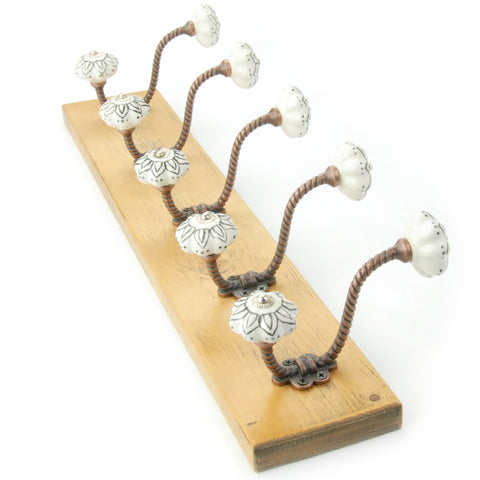 A Vintage Style Light Oak Stain Wooden Coat Rack 5 Copper Hooks