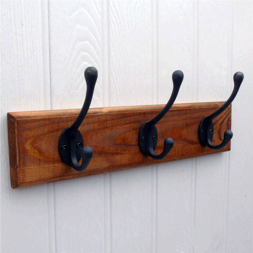 Vintage Antique Coat Rack Rustic Dark Brown Wooden Wall Mounted with 3 Cast Iron Hooks