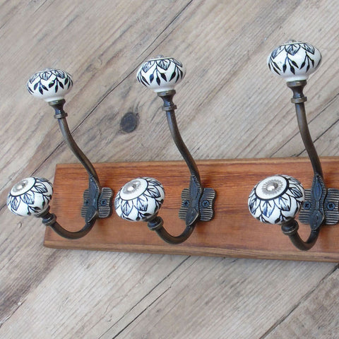 Vintage Rustic Wooden Coat Rack Dark Walnut with 4 Antique Brass Hand Painted Hooks