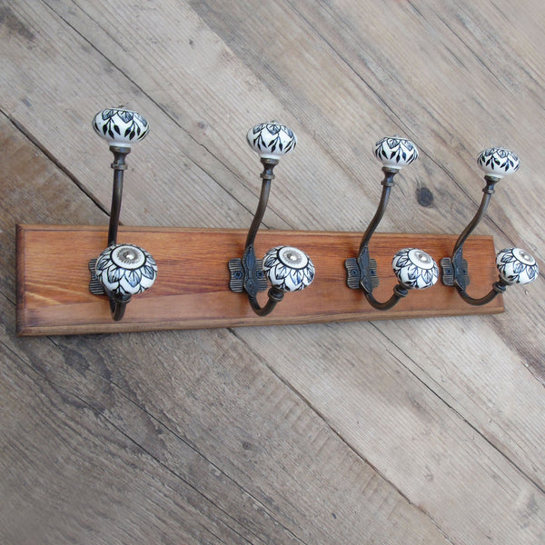 Vintage Rustic Wooden Coat Rack Dark Walnut with 4 Antique Brass Hand Painted Hooks