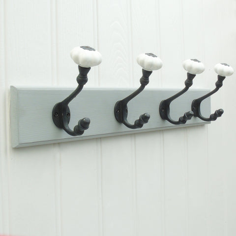 Vintage Style Grey Coat Rack with 4 Cast Iron Ceramic Hooks
