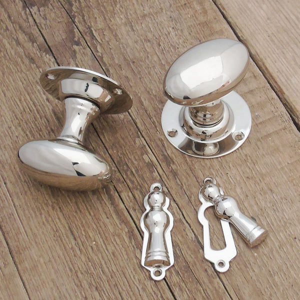Victorian Polished Nickel Oval Door Handles Knobs & Lock Covers Escutcheons